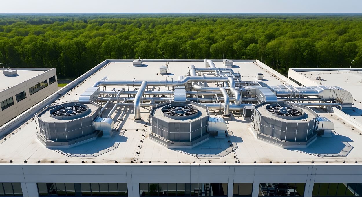 Aerial shot of commercial building roof with HVAC system, green forest background